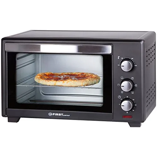 Mini Ofen von First in grau mit Scheibe in dem eine Pizza liegt.