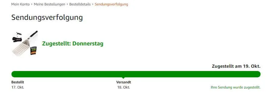 Versandstatus von Amazon für die ANSAS Pizzaschaufel