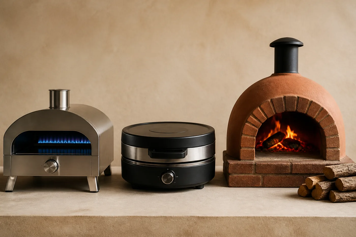 Gasofen mit blauer Flamme, runder Elektro-Pizzamaker und gemauerter Holzofen mit Glut nebeneinander