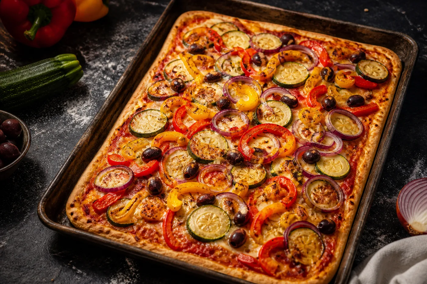 Große vegane Gemüsepizza auf dem Backblech mit Zucchini, Paprika, Zwiebelringen und Oliven