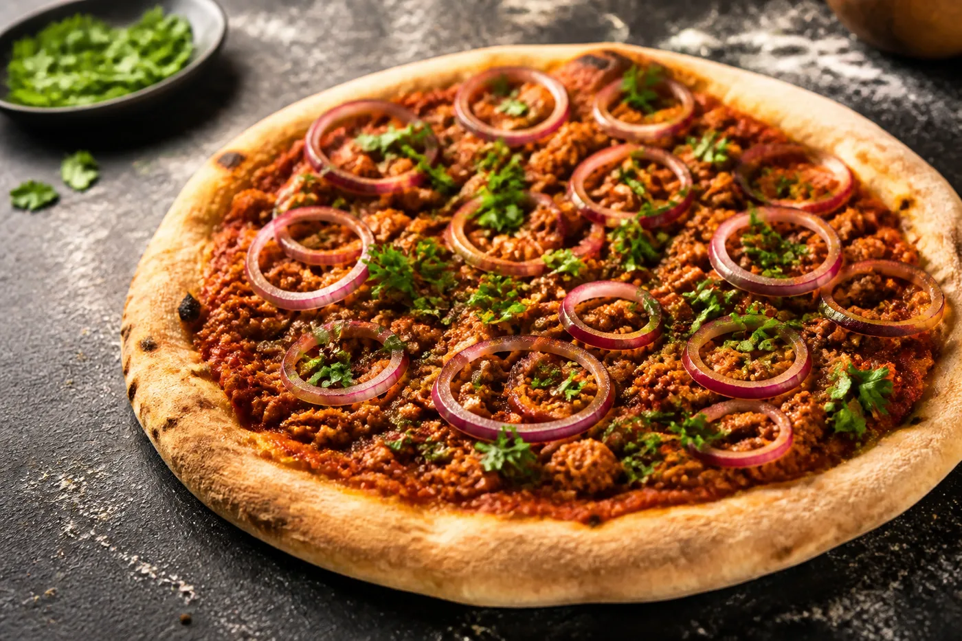 Vegane Pizza Bolognese mit dunkler Sojagranulat-Sauce, roten Zwiebelringen und Petersilie