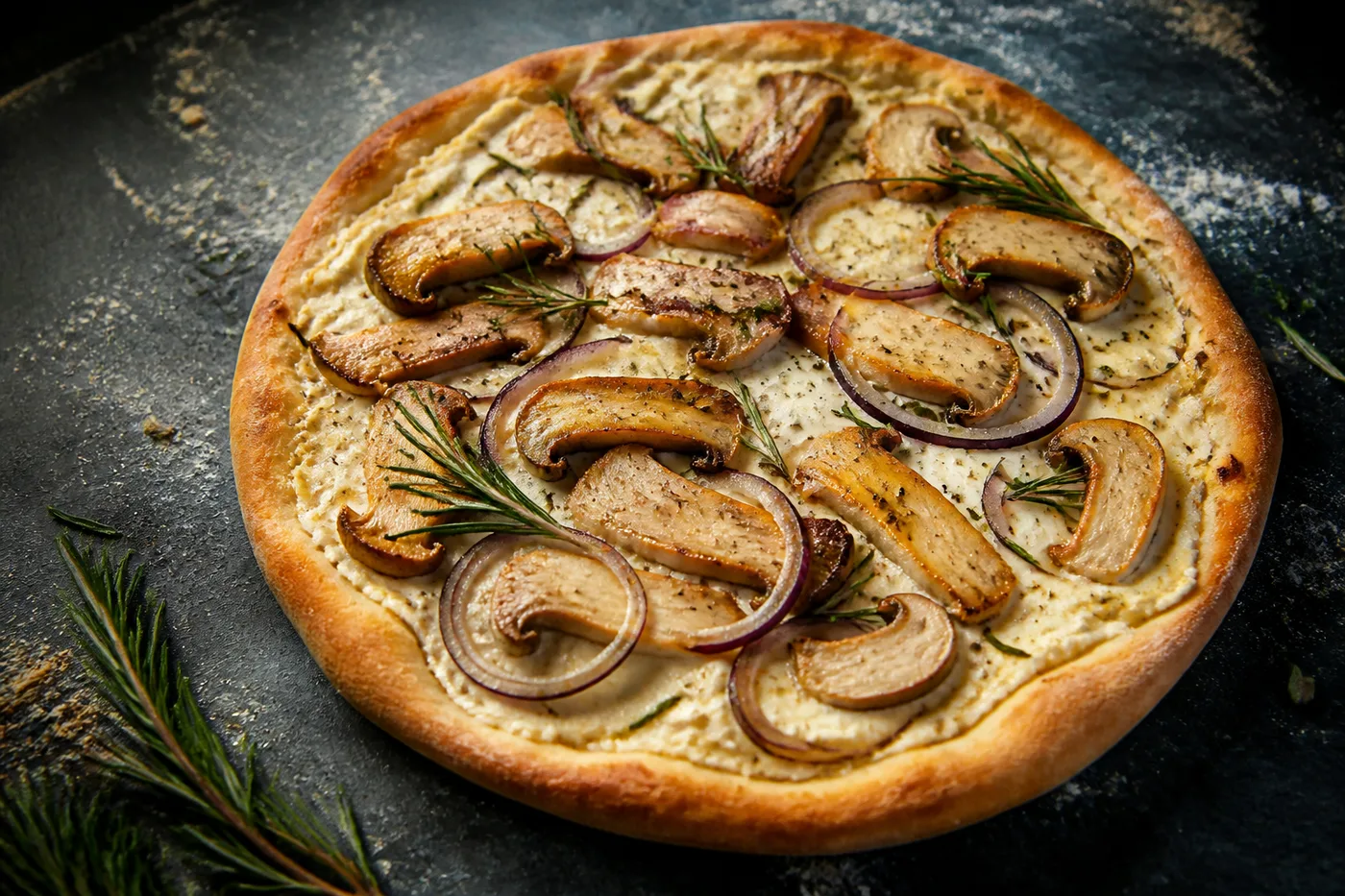 Pizza mit heller Bohnencreme, gebratenen Kräuterseitling-Scheiben, roten Zwiebelringen und Rosmarin