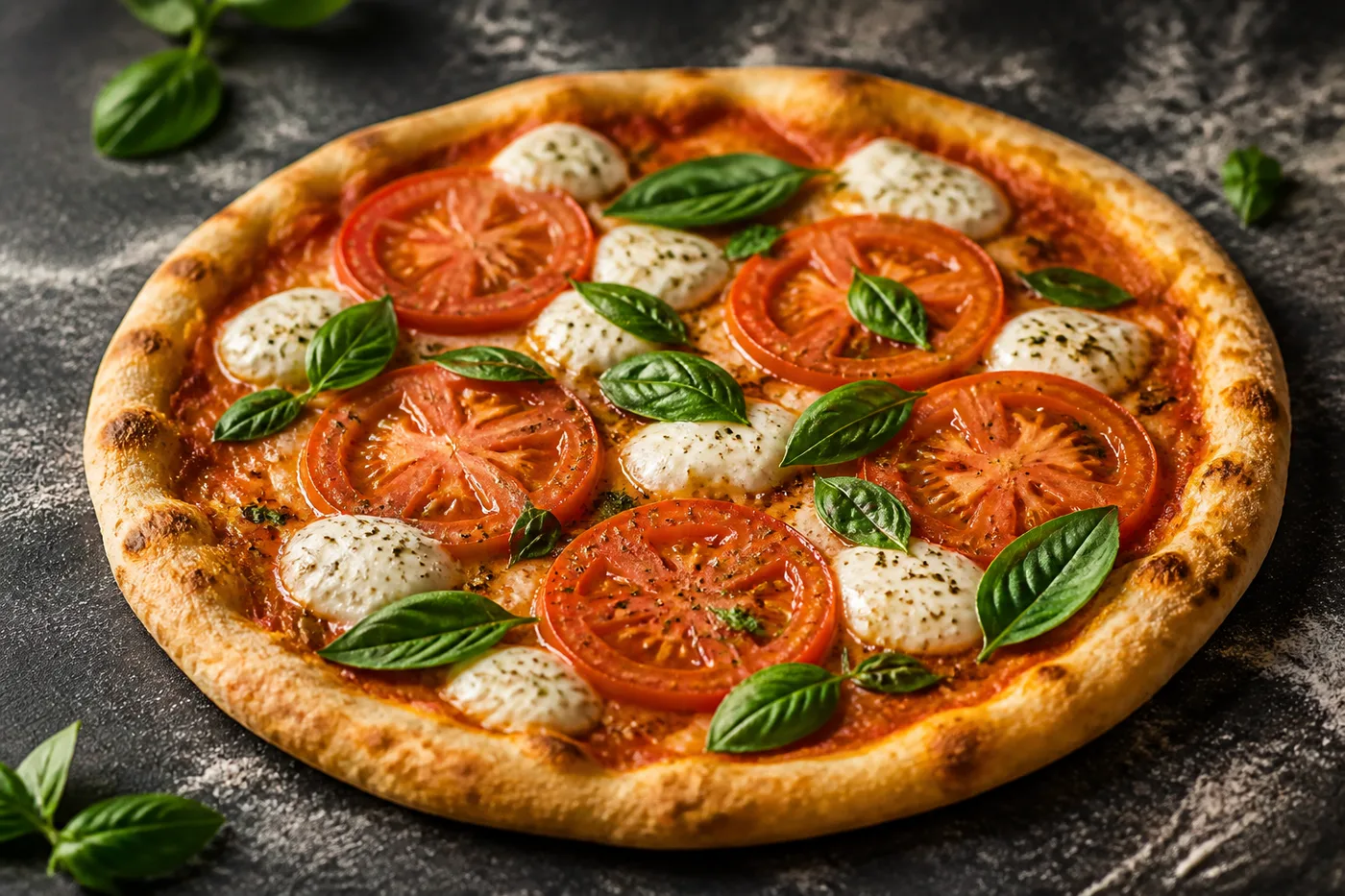 Vegane Margherita mit weißen Cashewcreme-Tupfen, Tomatenscheiben und frischem Basilikum auf dünnem Boden