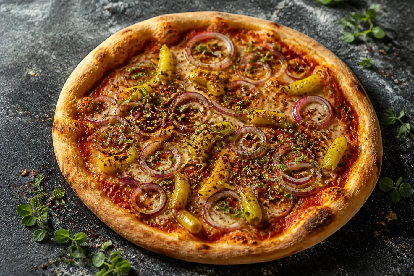 Scharfe vegane Pizza mit grünen Peperoncini, roten Zwiebelringen, Chiliflocken und frischem Oregano
