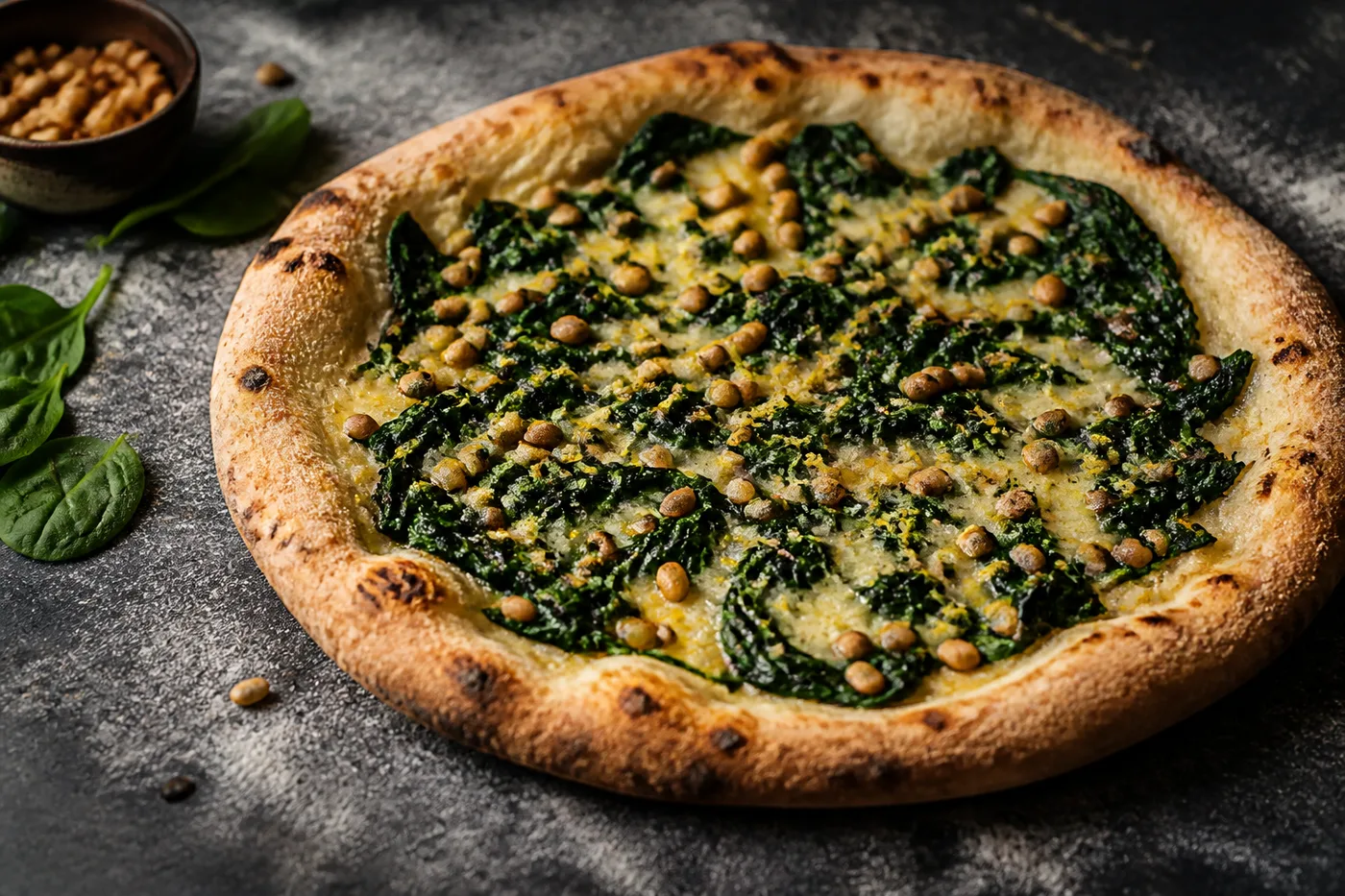 Vegane Pizza mit dunkelgrünem Blattspinat, gerösteten Pinienkernen und Zitronenabrieb