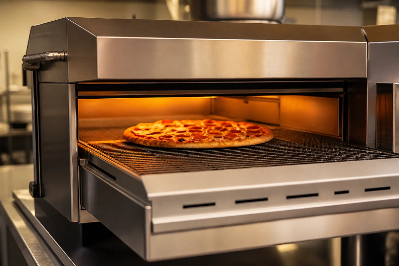 Gastronomie-Durchlaufofen aus Edelstahl in einer Profiküche, Pizza läuft auf dem Band durch die beleuchtete Backkammer