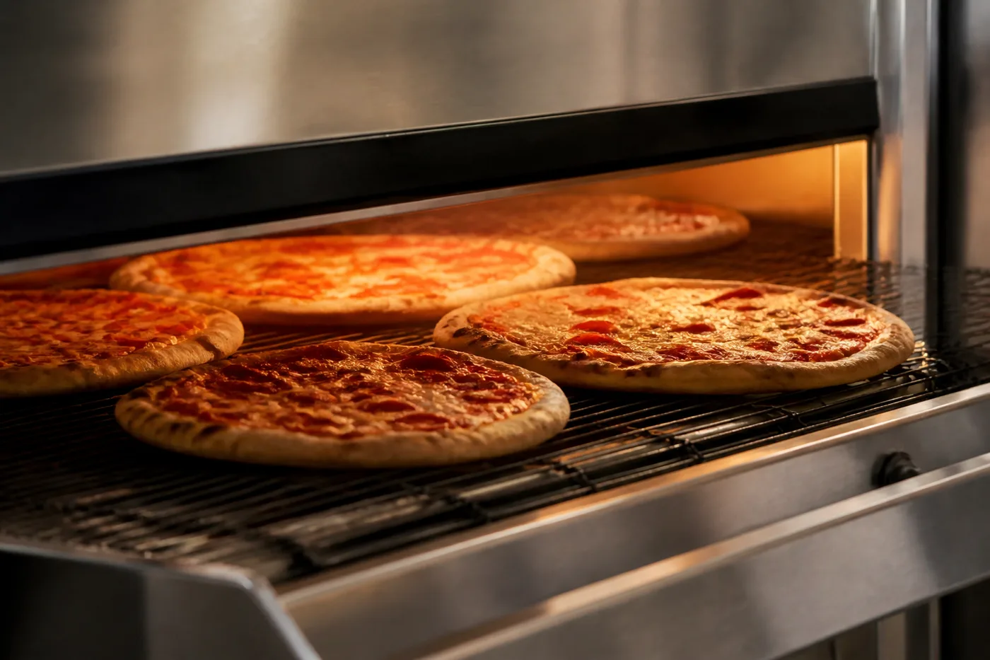 Förderbandofen in einer Pizzeria, mehrere Pizzen auf dem Edelstahlband, Blick von der Seite in die Backkammer