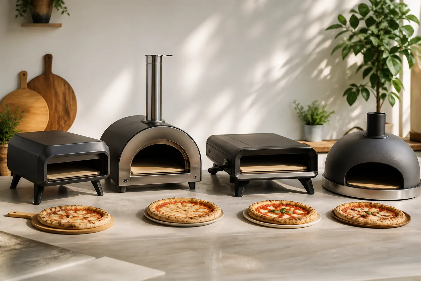 Mehrere unterschiedliche Pizzaöfen nebeneinander auf einer hellen Arbeitsfläche, Vergleichssituation, weiches Tageslicht