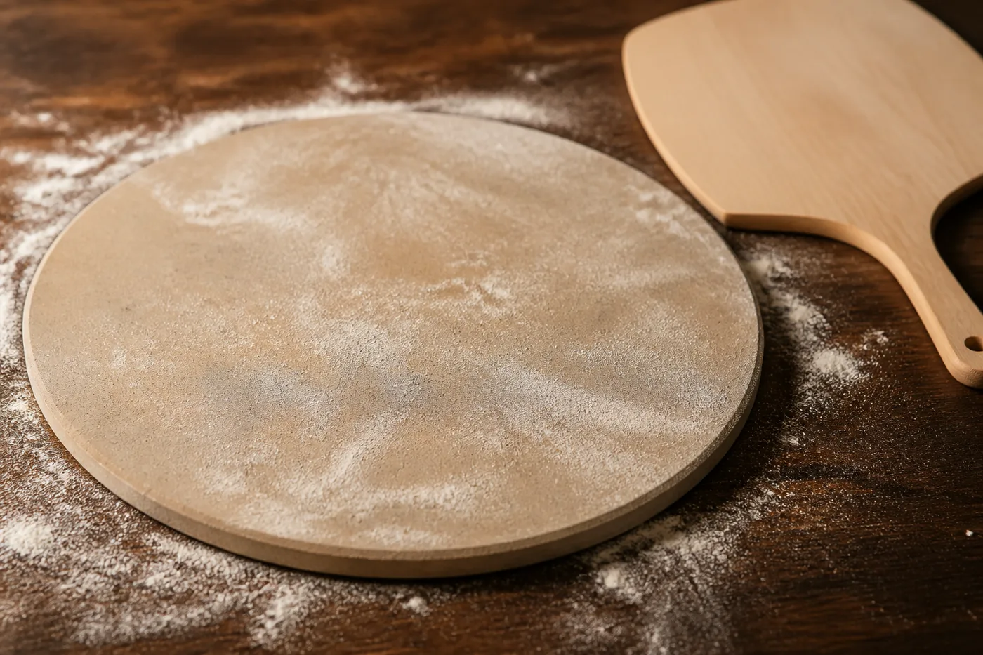 Runder Cordierit-Pizzastein mit Mehlspuren auf dunklem Holztisch, daneben eine Holz-Pizzaschaufel