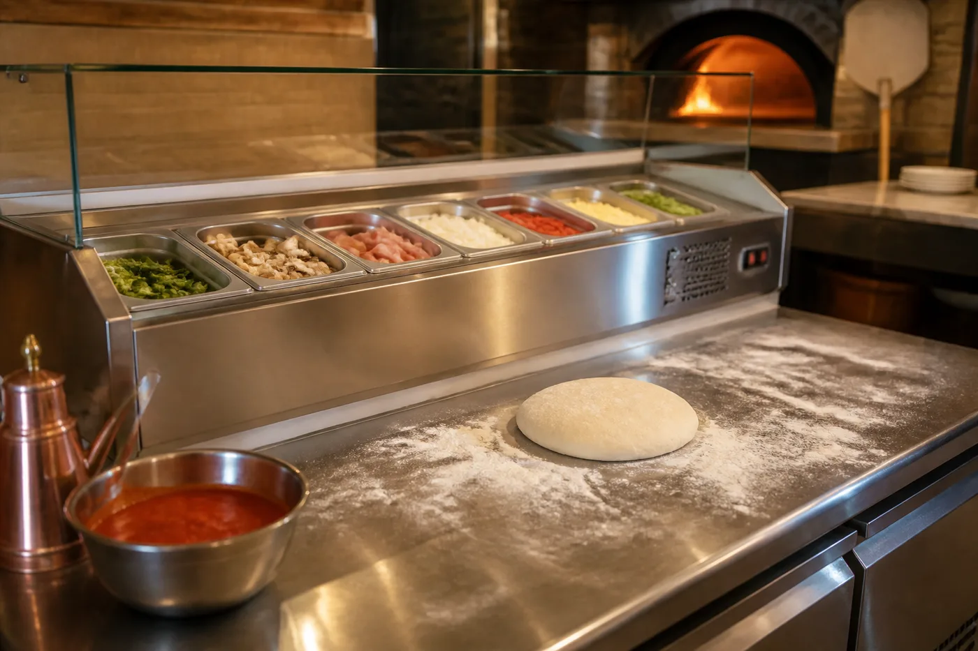 Edelstahl-Pizzatisch mit Kühlaufsatz und Zutatenbehältern in einer Pizzeria, Arbeitsfläche mit Mehl und Teigling