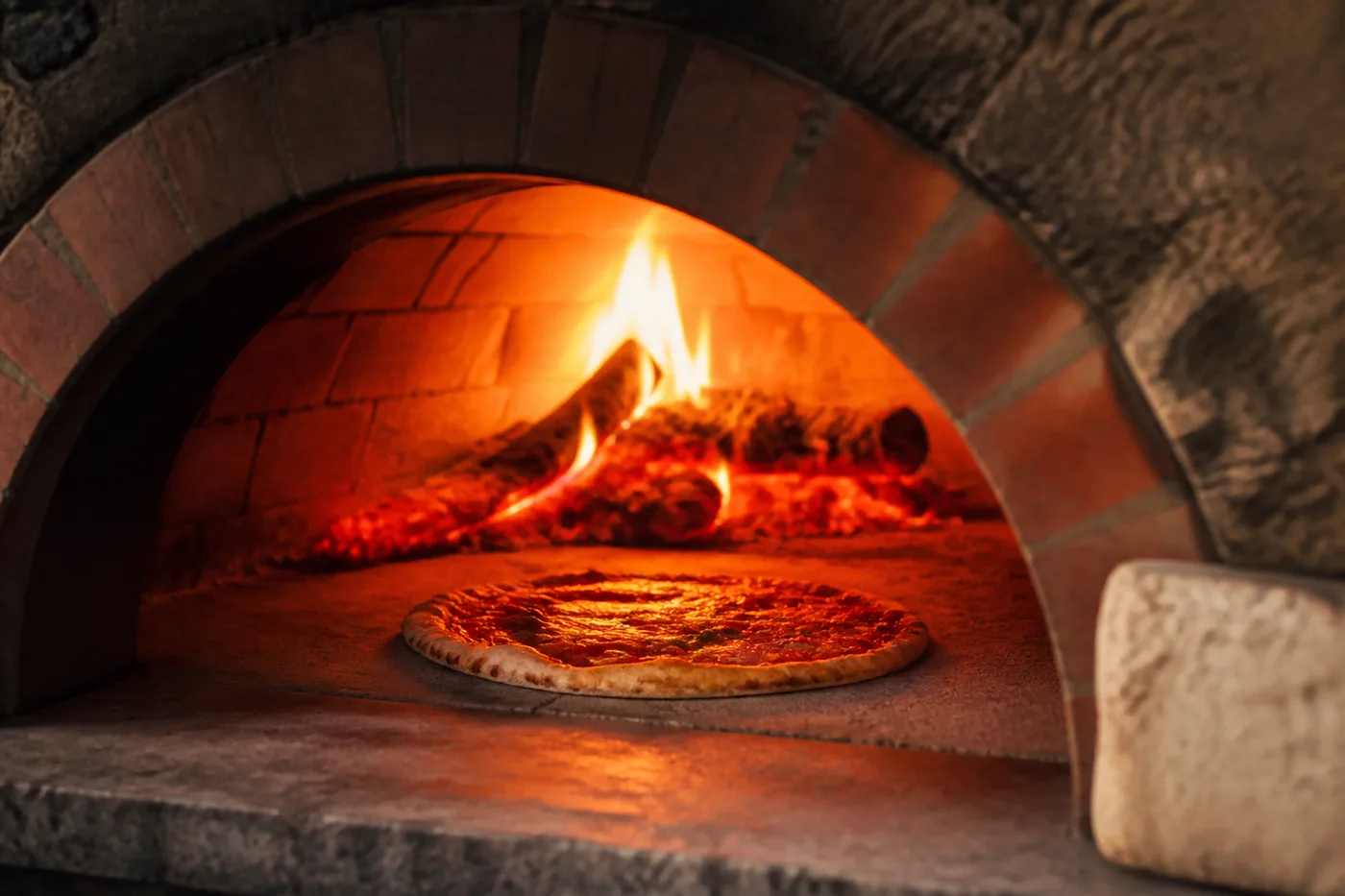 Gemauerter Steinofen mit Kuppel und offenem Holzfeuer, eine Pizza auf dem Steinboden der Backkammer, Glut im Hintergrund