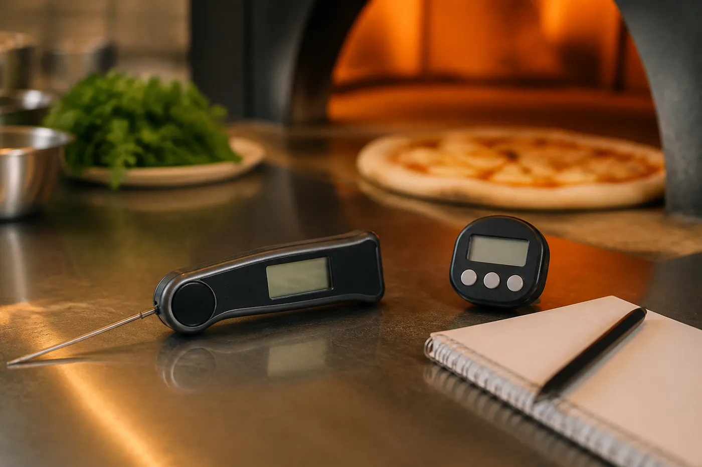 Küchenszene mit Küchenthermometer vor einem Pizzaofen, Stoppuhr und Notizblock auf der Arbeitsfläche, sachliche Testsituation