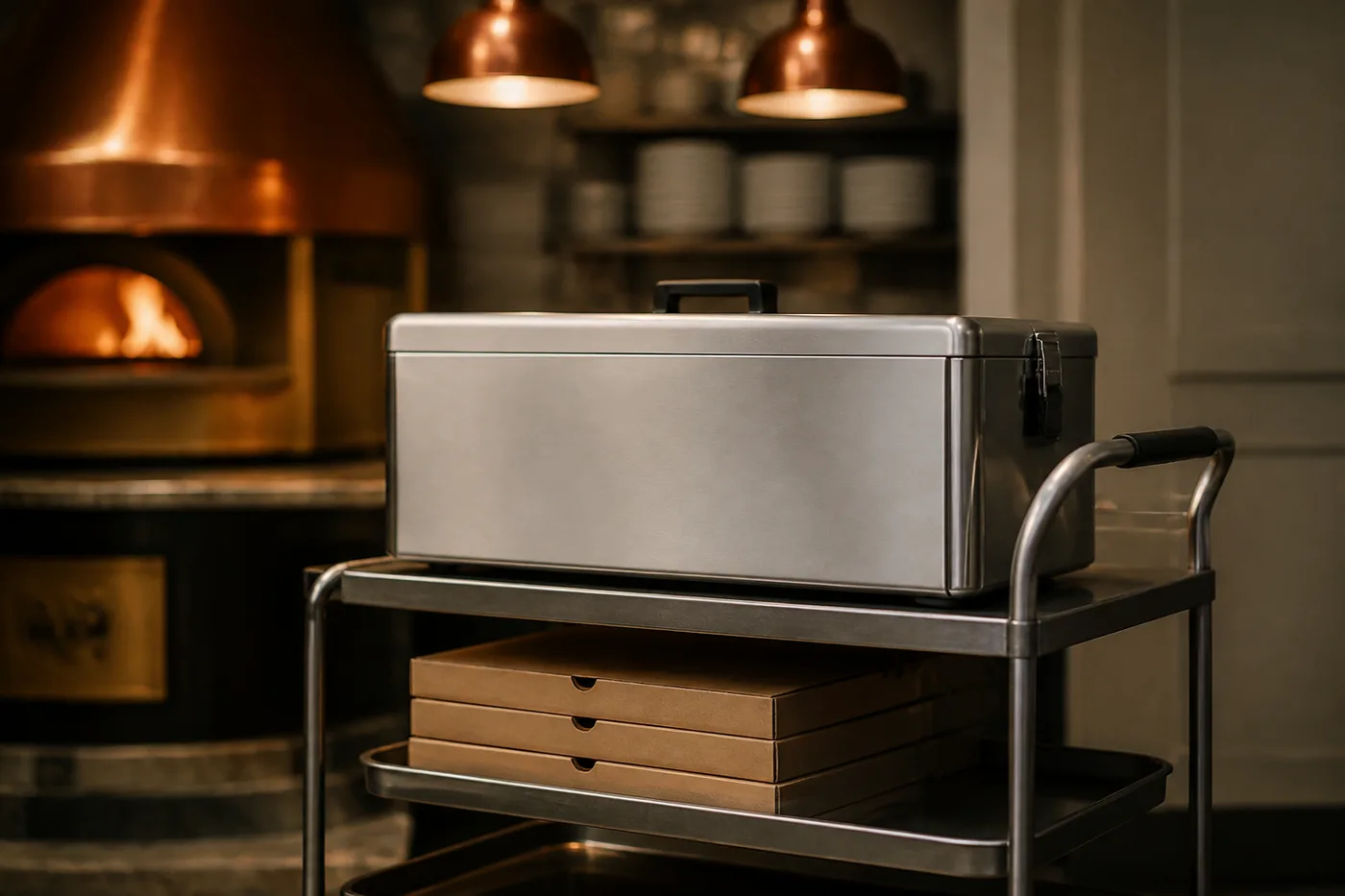 Isolierte Edelstahl-Thermobox für Pizzatransport auf einem Gastronomie-Rollwagen, seitliche Ansicht